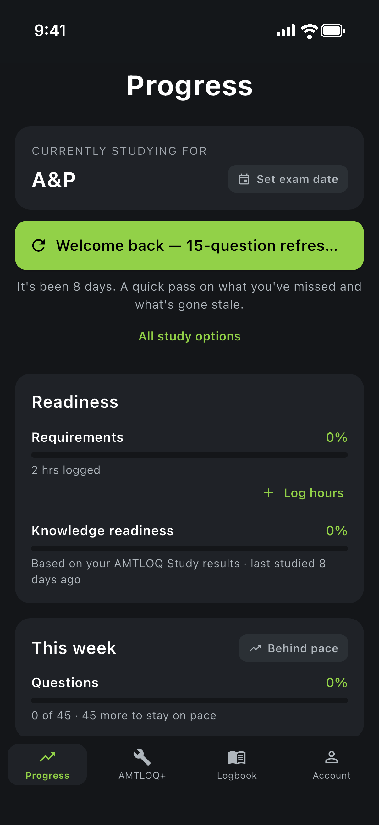 AMTLOQ app — Progress screen with knowledge readiness, logbook requirements and knowledge map